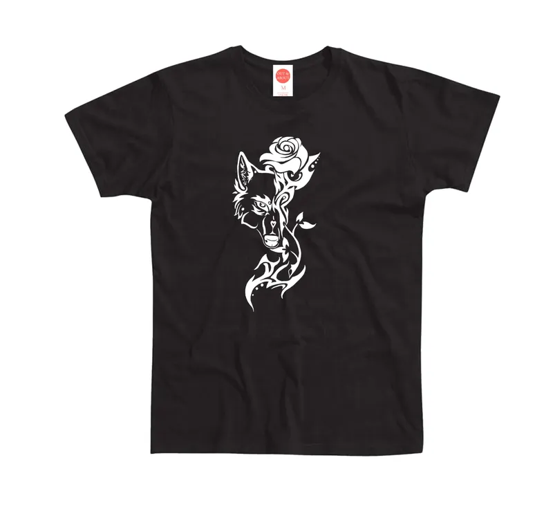 Basic T-shirt with a rose and a wolf tattoo