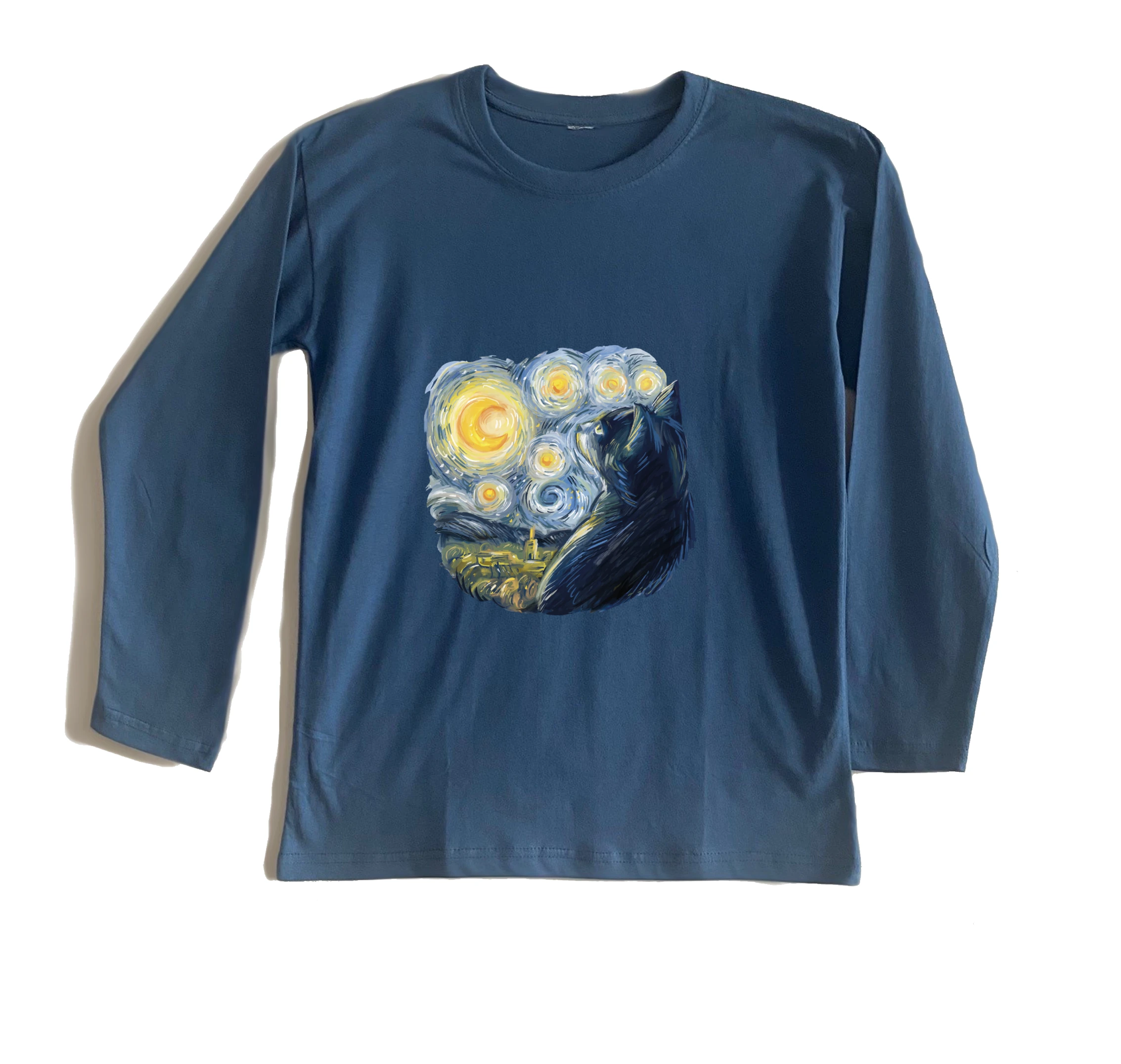 חולצה ארוכה אילוסטרציה חתול ואן גוך חולצה ארוכה אילוסטרציה חתול ואן גוך