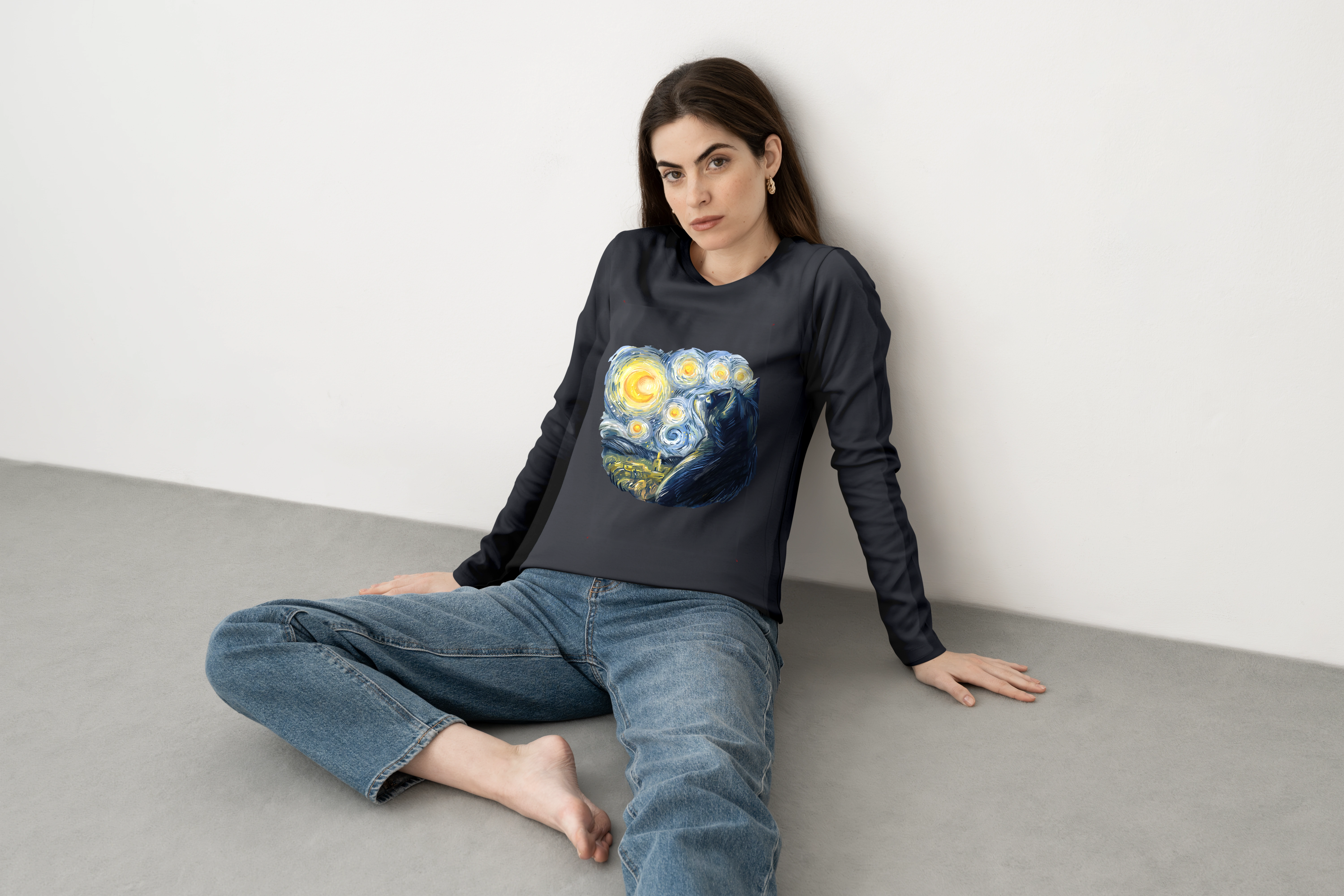 חולצה ארוכה אילוסטרציה חתול ואן גוך